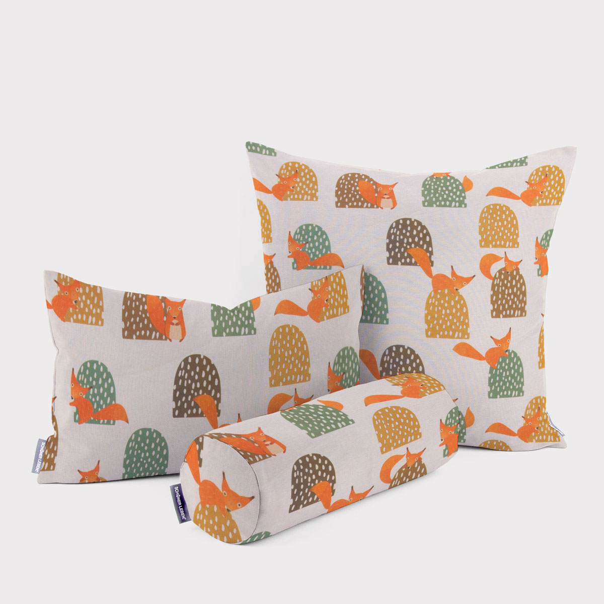 SCHÖNER LEBEN. Kissenhülle Eichhörnchen Hügel mint braun ocker orange verschiedene Größen