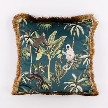 Deko Kissen Samtoptik mit Fransenrand Affen petrol grün beige 45x45cm der Gardinen-Spezialshop von SCHÖNER LEBEN