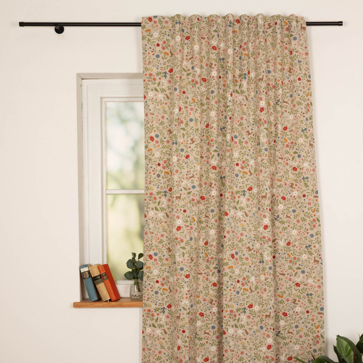 Vorhang Leinenlook Floral Animal Garden natur bunt mit Smok-Schlaufenband 245x130cm (HxB) oder Wunschmaß von SCHÖNER LEBEN