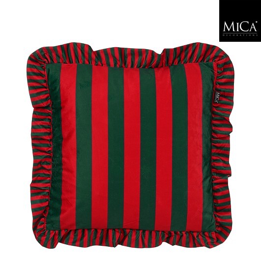 Kissen mit Rüschen gestreift aus Baumwolle rot grün 50 x 50 cm von Mica Decorations der Gardinen-Spezialshop von SCHÖNER LEBEN